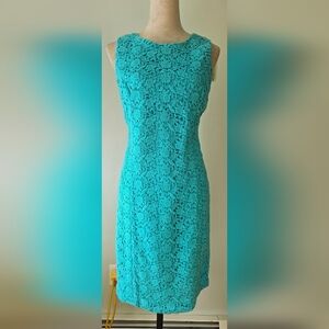 Talbots aqua 100% cotton crochet shift dress sleeveless crewneck sz 12P